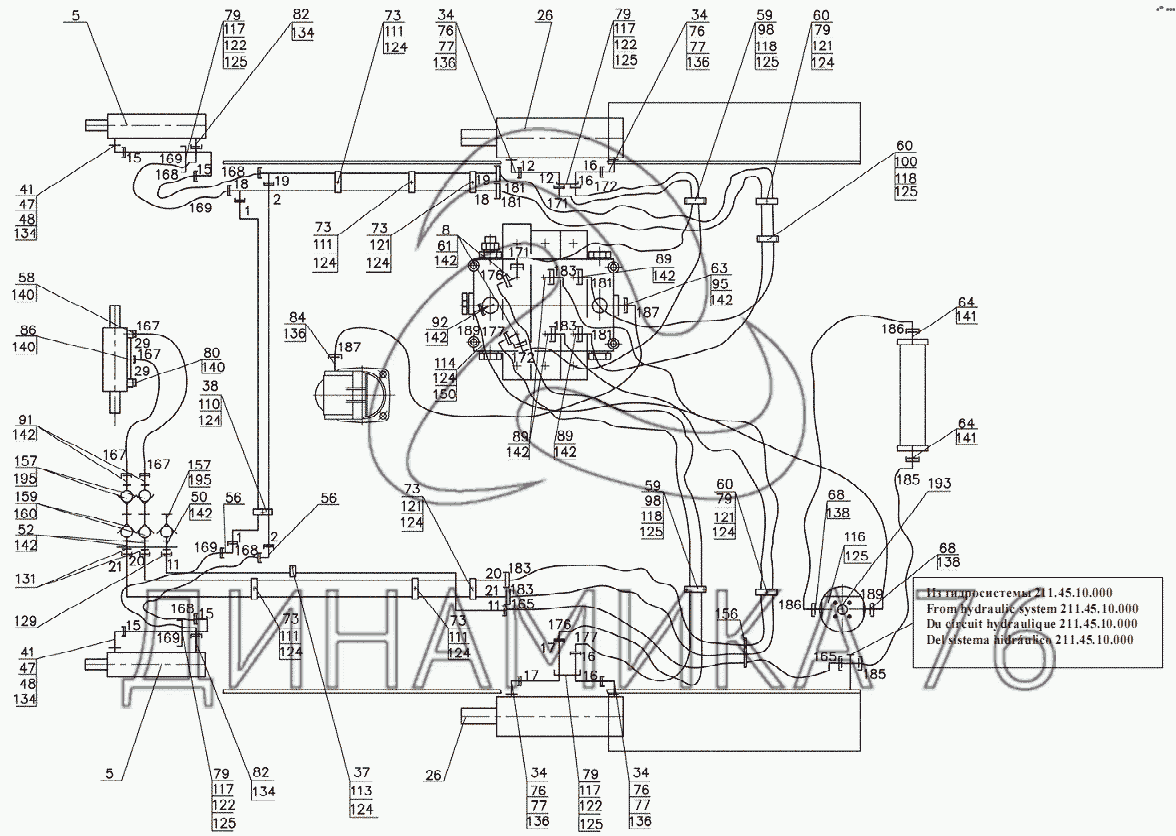 211.45.05.000 Гидросистема рабочего оборудования. Схема гидравлическая  соединений на Амкодор-211
