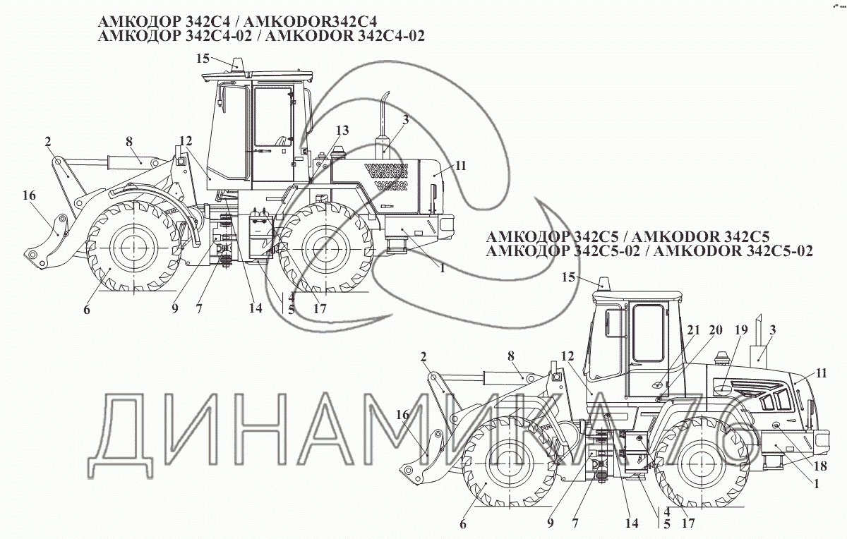 Сводная таблица состава машин (342С4, 342С4-02, 342С5, 342С5-02) на  Амкодор-342В, 342С4, 342Р