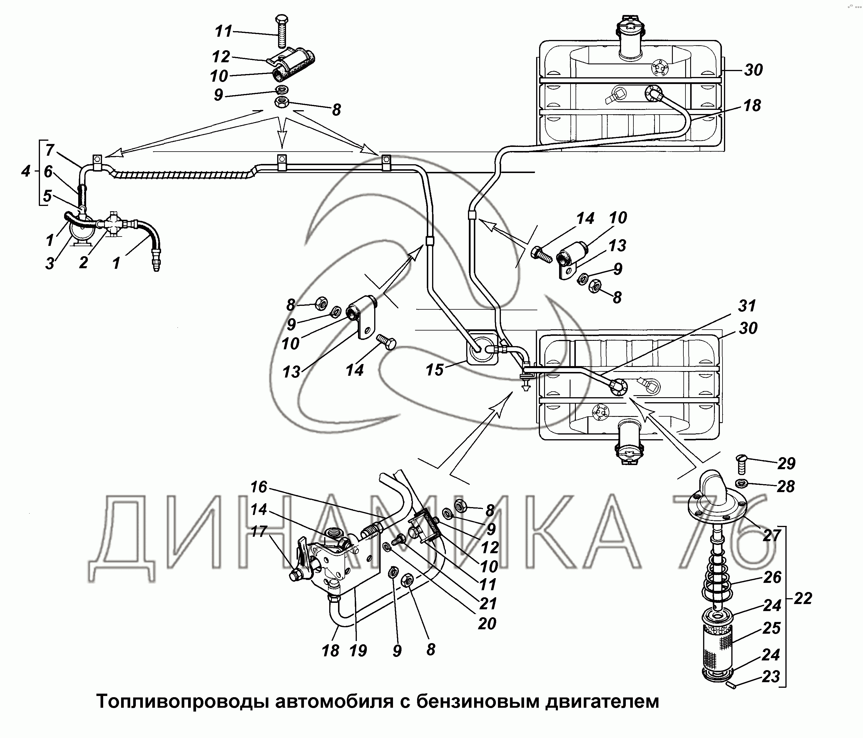 Топливопроводы автомобиля с бензиновым двигателем на ГАЗ-3308