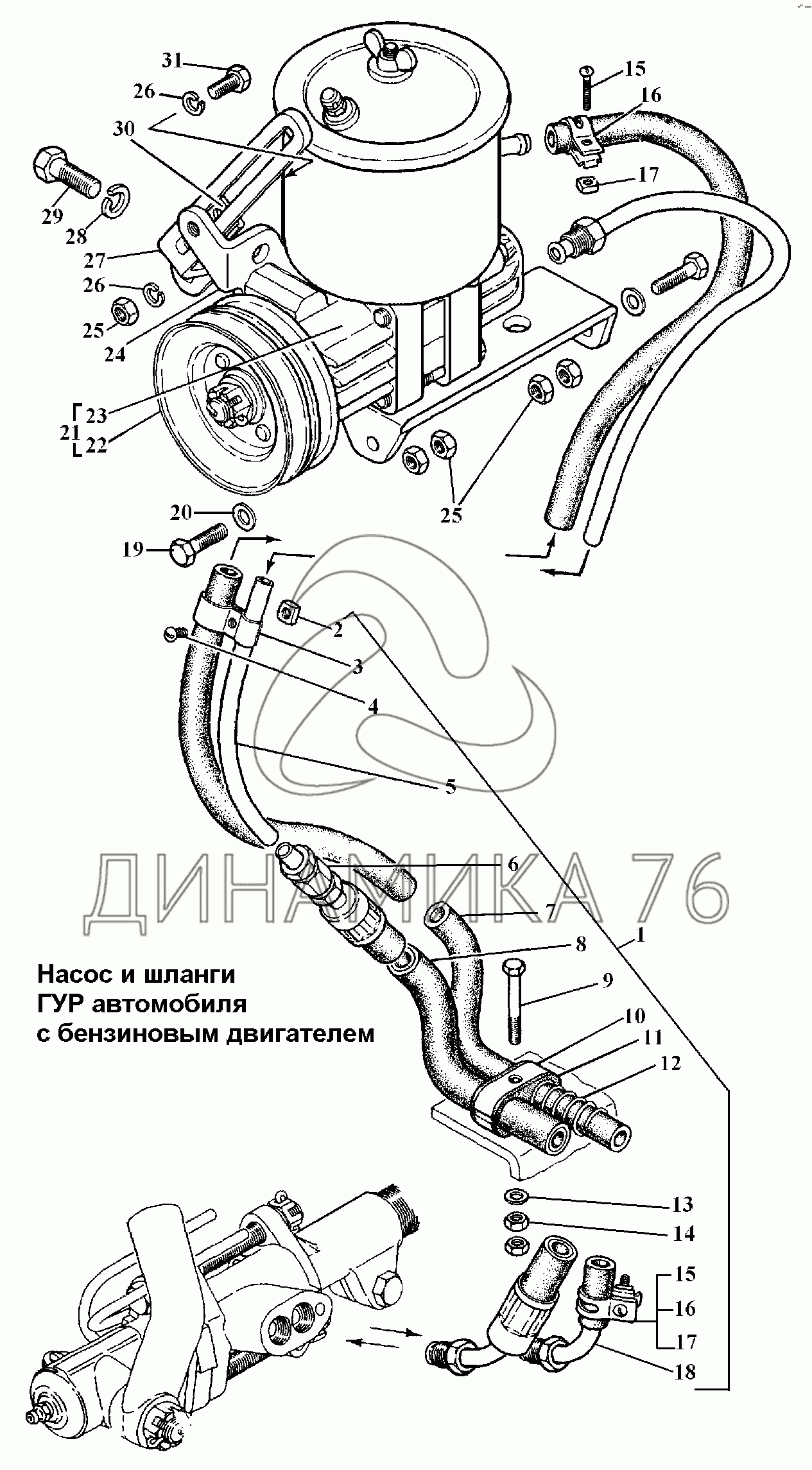 Насос и шланги ГУР автомобиля с бензиновым двигателем на ГАЗ-3308