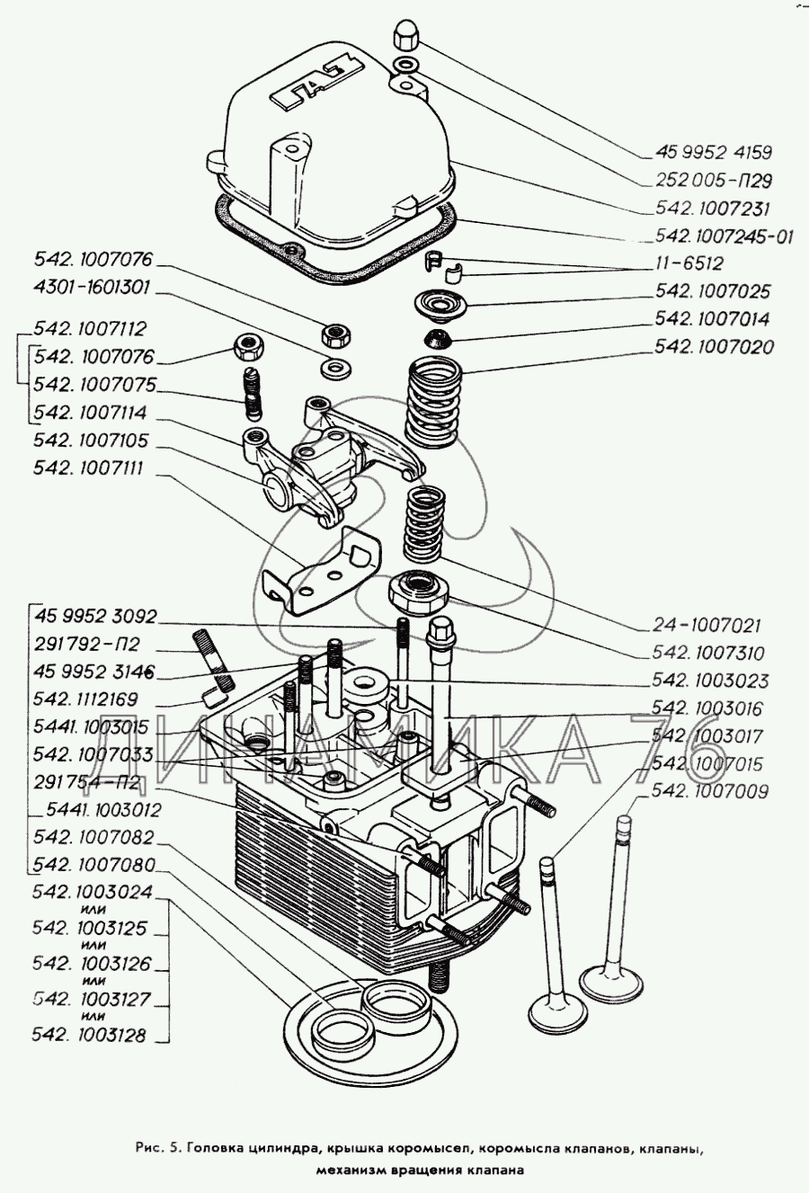 Головка цилиндра, крышка коромысел, коромысла клапанов, клапаны, механизм  вращения клапана на ГАЗ-3309
