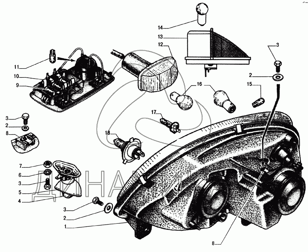 Фары, указатели поворота, блок плафонов кабины, подкапотная лампа, передние  контурные фонари на ГАЗ-33104 Валдай