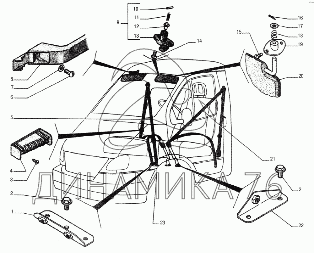Ремни безопасности, поручень, козырьки противосолнечные с кронштейнами на  ГАЗ-33104 Валдай