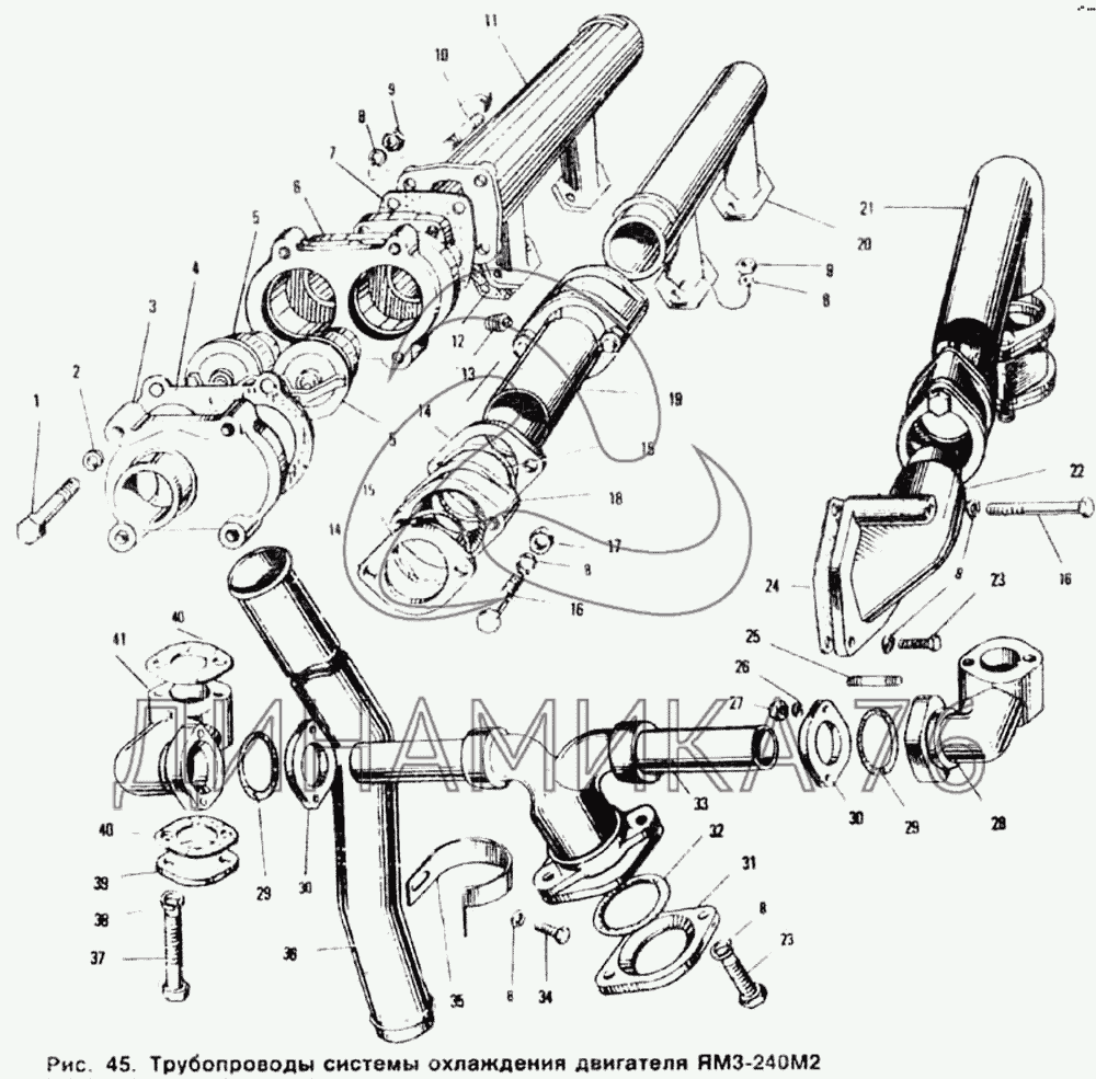 Трубопроводы системы охлаждения двигателя ЯМЗ-240М2 на ЯМЗ-240