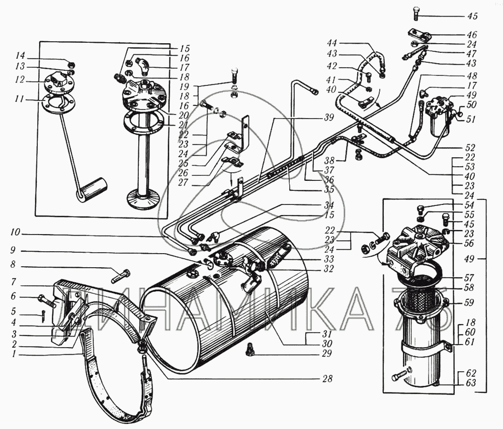 Топливный бак, топливопроводы и фильтр грубой очистки топлива автомобиля  КрАЗ-6510 на КрАЗ-6510