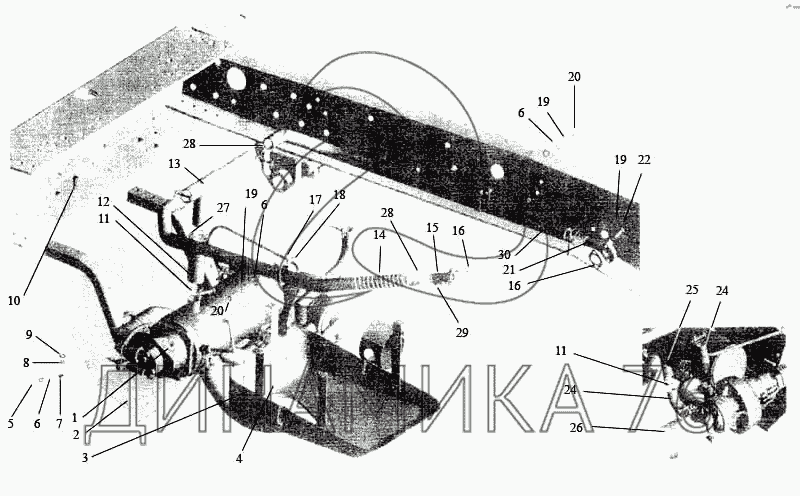 Крепление предпускового подогревателя на автомобиль МАЗ-533702 на МАЗ-5336