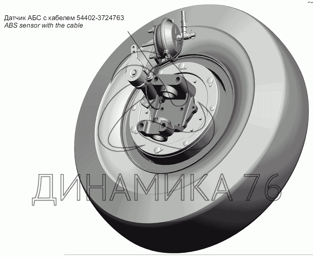 Установка датчика АБС с кабелем на переднем колесе на МАЗ-555102, 5551А2