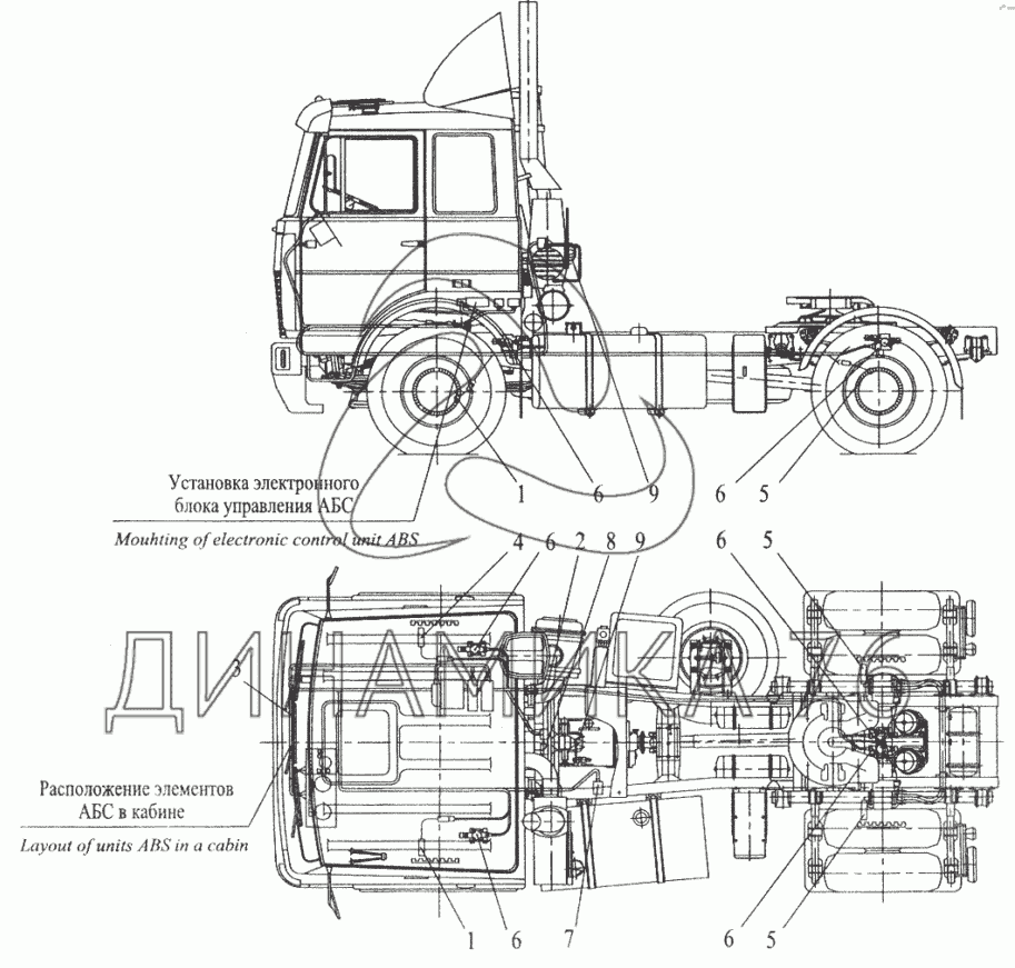 Установка элементов электрооборудования АБС на автомобилях МАЗ-543208,  543205, 543203, 543202 на МАЗ-6422