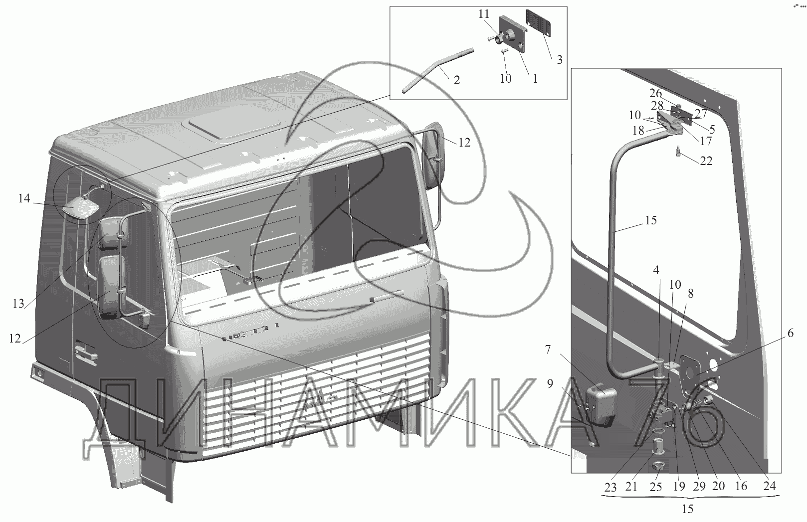 Установка зеркал 6430-8200005 на МАЗ-6430A8 (5440A8, 5440A5)