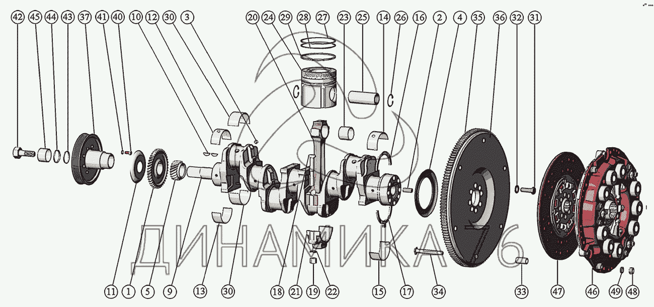 Кривошипно-шатунный механизм. Установка шкива коленчатого вала. Установка  муфты сцепления на Д-245.43S3АМ-1871