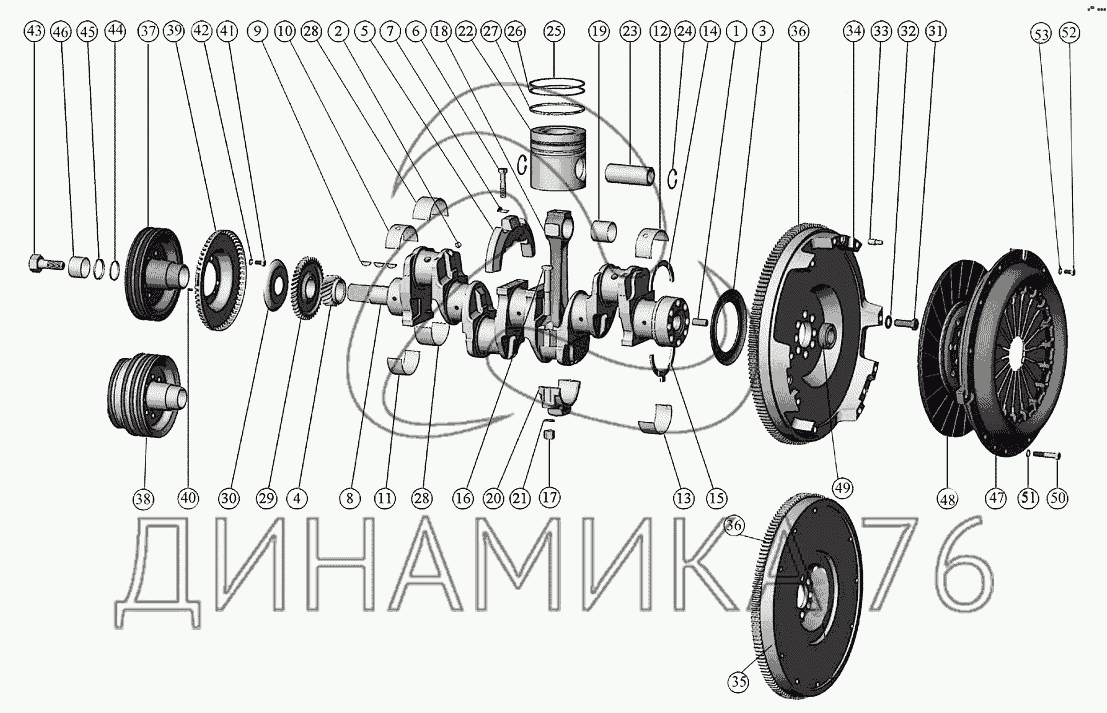 Кривошипно-шатунный механизм. Установка маховика. Установка шкива.  Установка муфты сцепления. на Д-245.7Е3, Д-245.9Е3