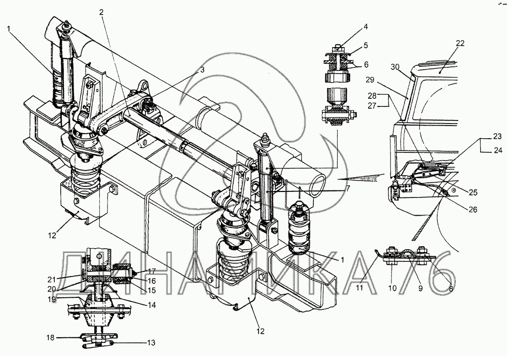 Схема подвески кабины маз