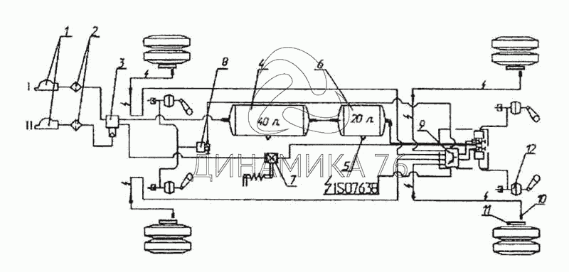 Привод пневматический тормозов (схема) на НефАЗ-9334