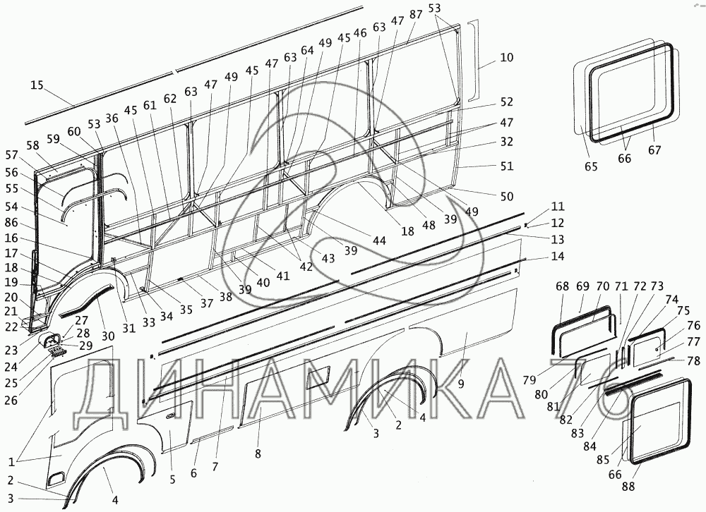 Боковина кузова автобуса ПАЗ3205307 левая с остеклением на ПАЗ-4234