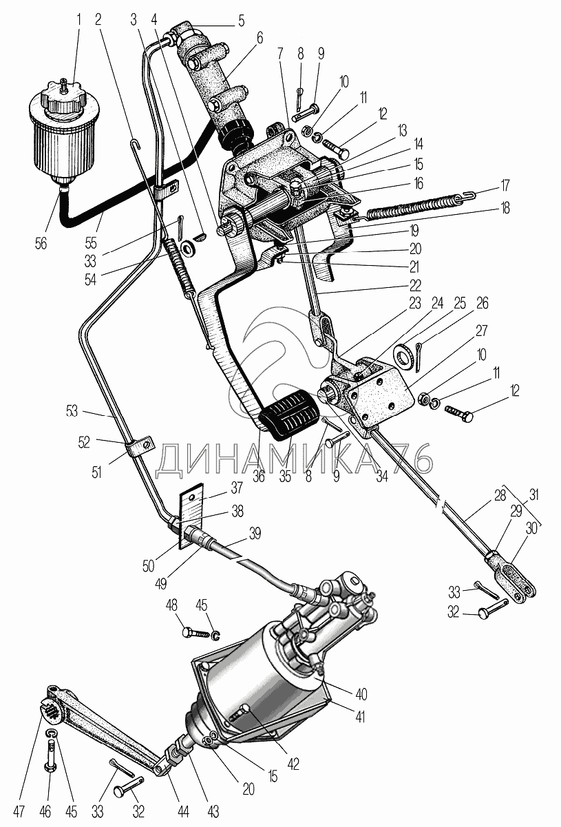 Привод педалей сцепления и тормоза на УРАЛ-4320-60