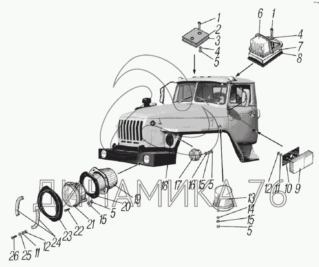 Установка фар, фонарей знака автопоезда, габаритных и указателей поворота  для автомобилей Урал 4320-0001934-60, Урал 4320-0001936-60, Урал  4320-0001953-60, Урал 4320-0001958-60 на УРАЛ-4320-60