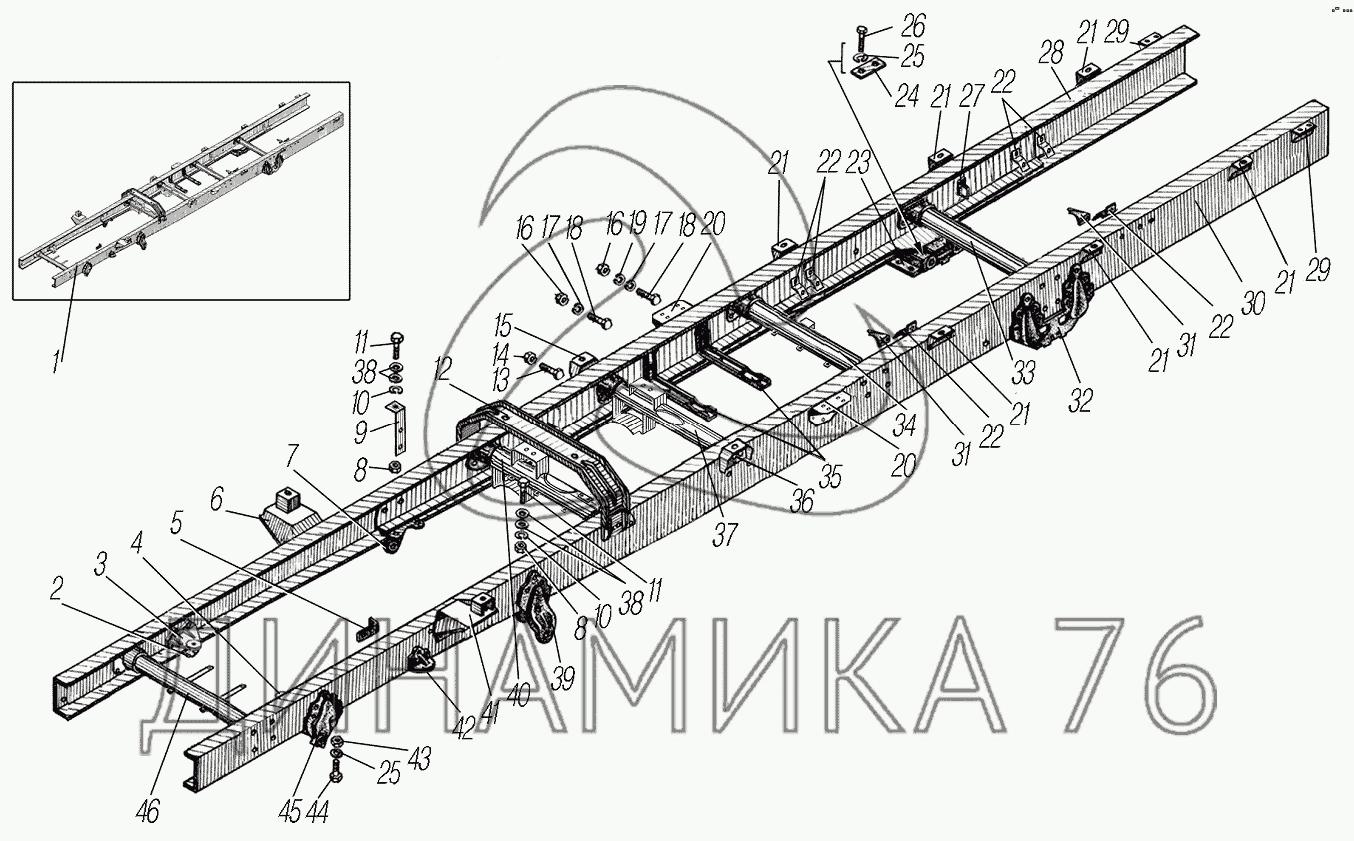 Рама для автомобиля 5557-0001152-70И03 на УРАЛ-4320-61 - Схема, каталог  деталей, стоимость, запчасти (103df)