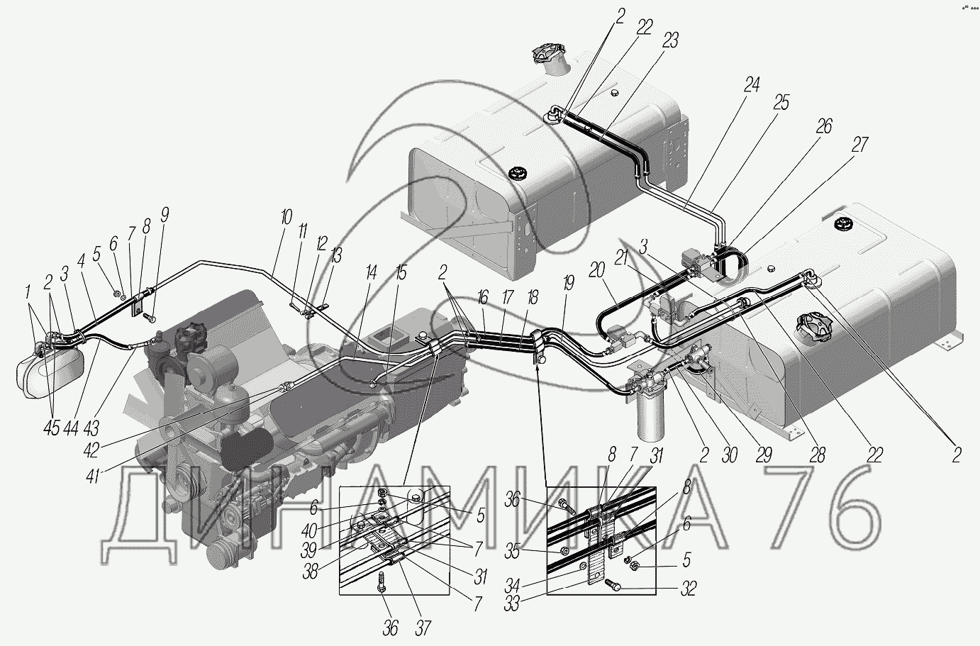 Трубопроводы и шланги системы питания с дополнительным баком на УРАЛ-4320-1951-58  - Схема, каталог деталей, стоимость, запчасти (4978)