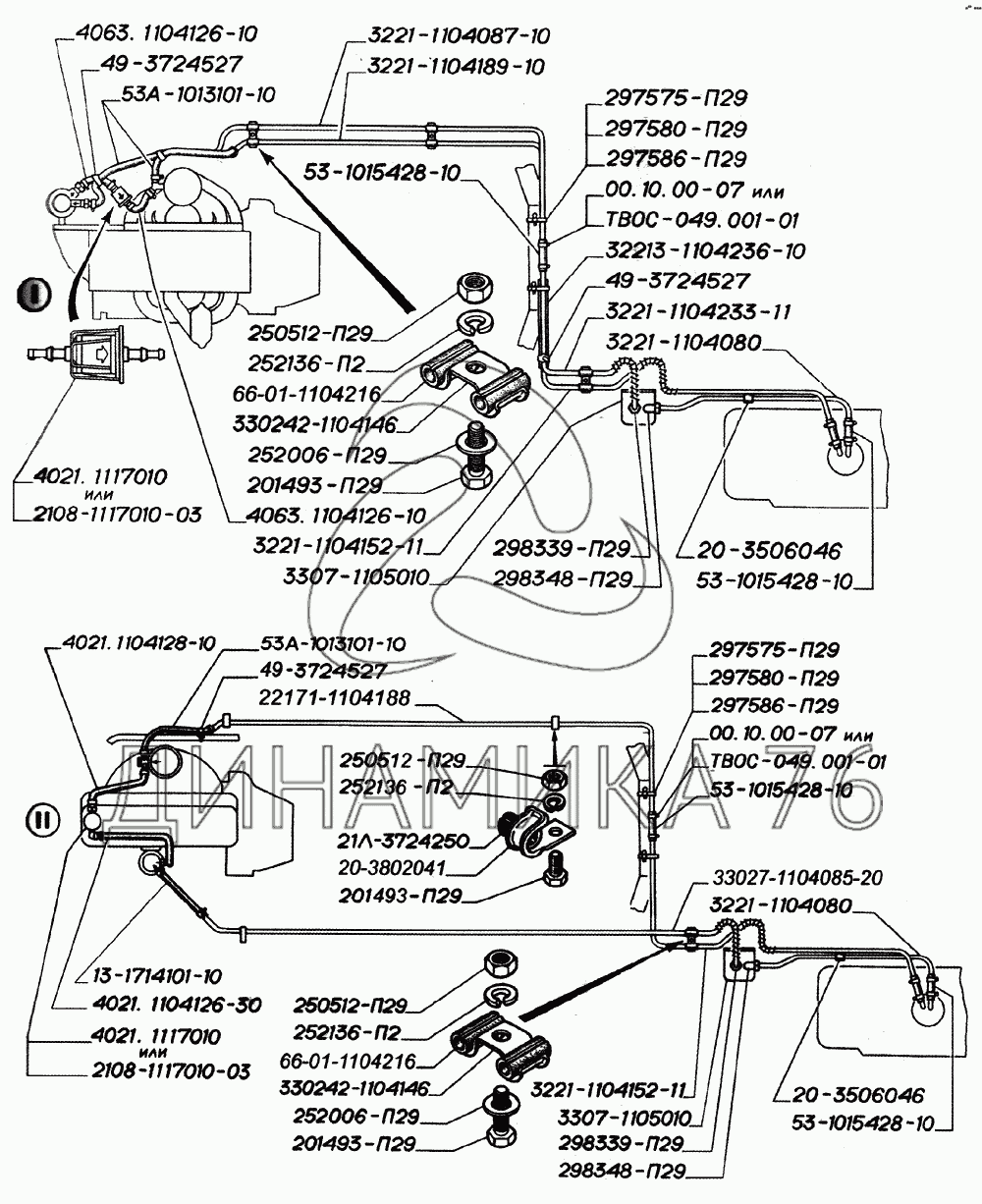 Трубопроводы топливные: I- для автомобилей с двигателями ЗМЗ-406, II- для  автомобилей с двигателями ЗмЗ-402 на ЗМЗ-406